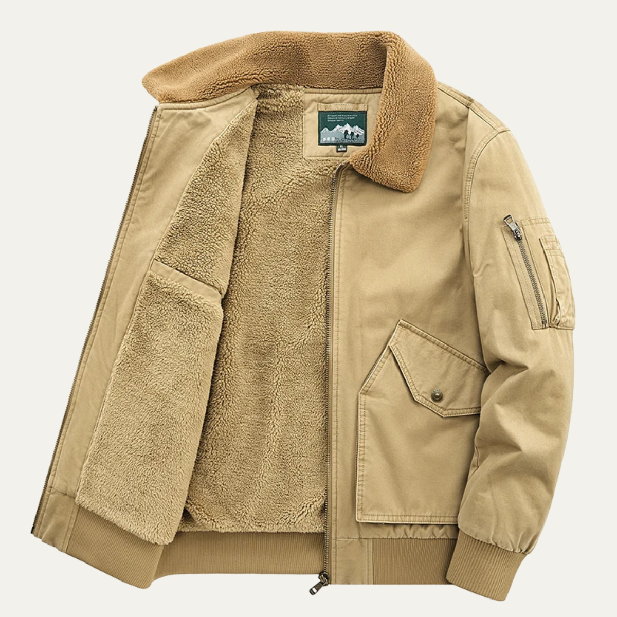Men's khaki sherpa-lined bomber jacket with tan fleece collar and zip front