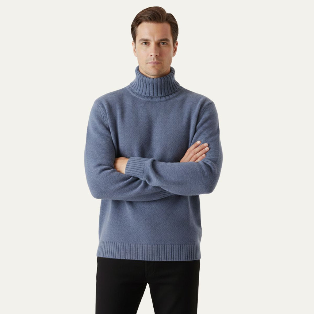 Men’s light blue soft knit turtleneck sweater with ribbed collar and hem