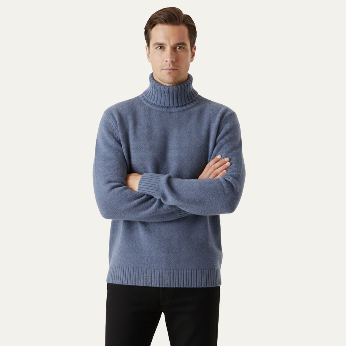 Men’s light blue soft knit turtleneck sweater with ribbed collar and hem