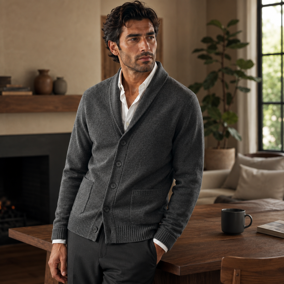 Men’s heather dark gray shawl-collar knit cardigan with button front and patch pockets