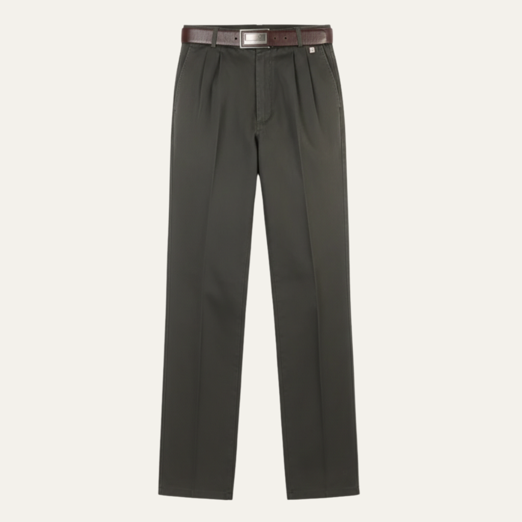 Men's double-pleated high-waist straight-leg pants in dark gray, belt loops