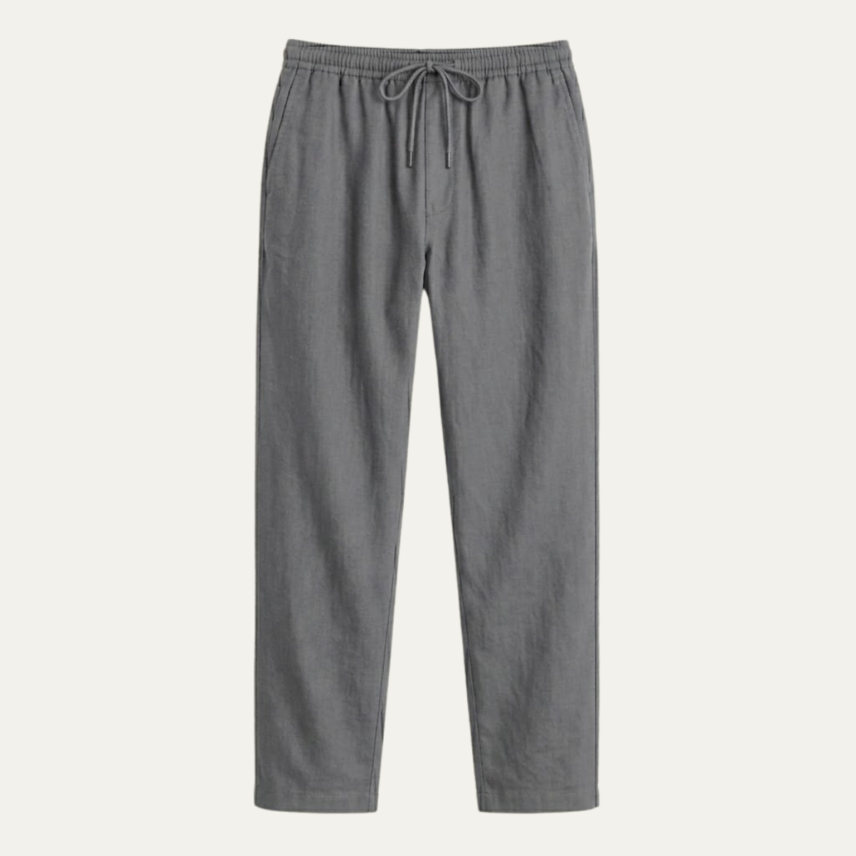 Men's hemp straight-leg pants in dark gray, elastic waist with drawstring