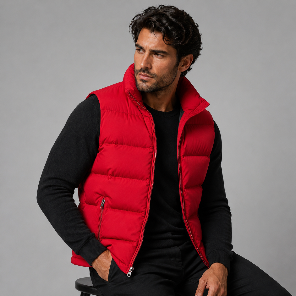 Men's red padded puffer vest with full-zip front and stand collar