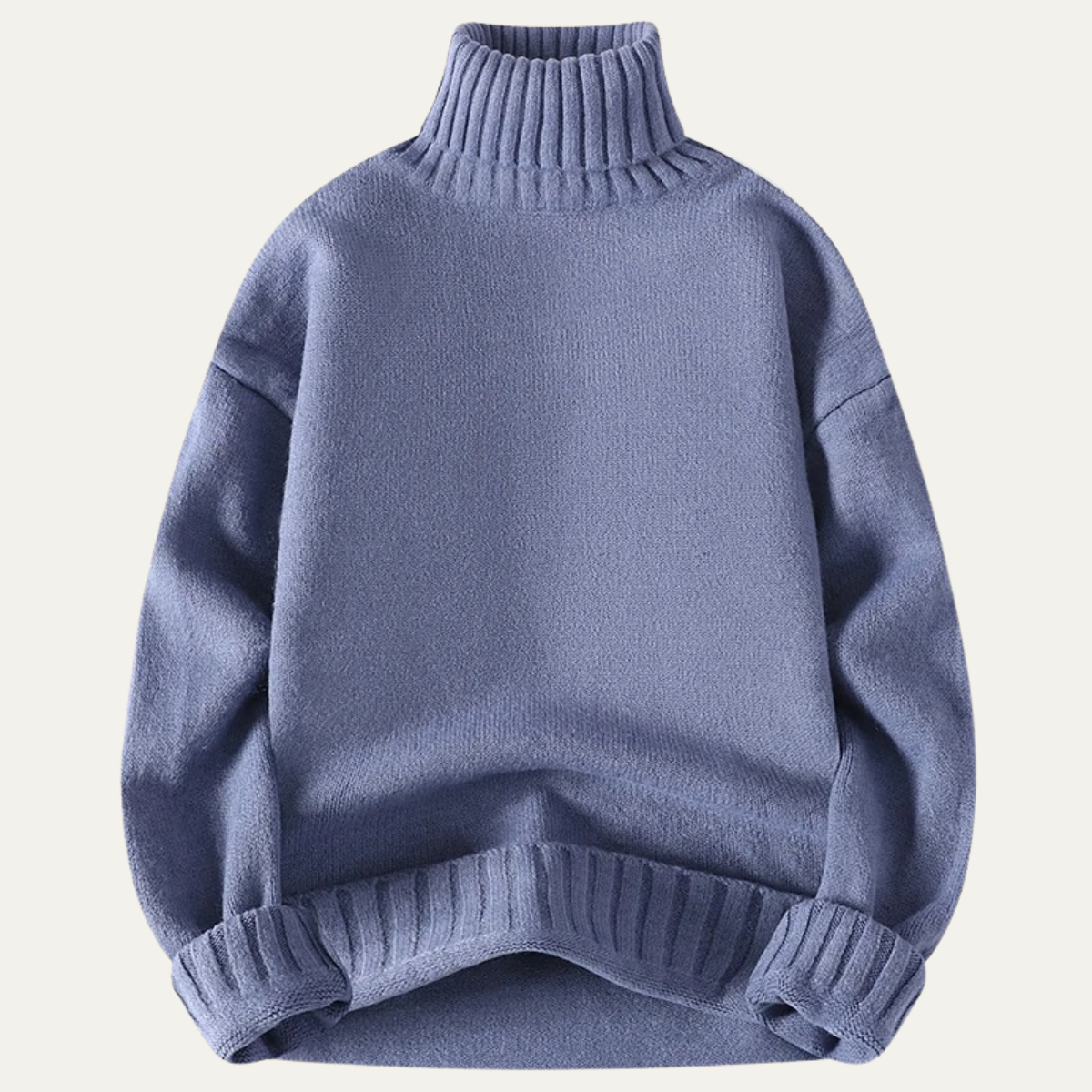 Men’s light blue soft knit turtleneck sweater with ribbed collar and cuffs
