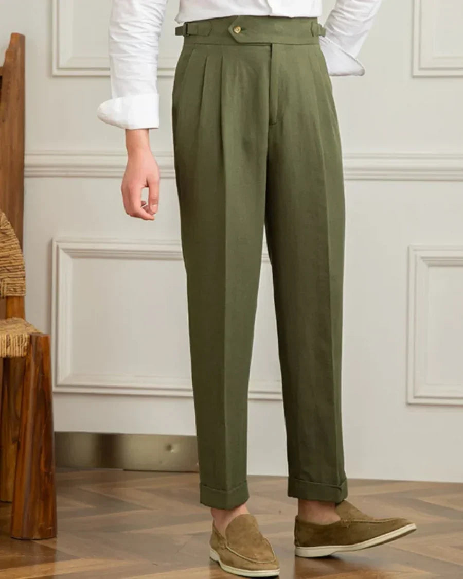 Green men’s pleated linen tailored pants with belt loops and button closure