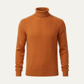 Men's orange cable knit turtleneck sweater with ribbed cuffs and hem