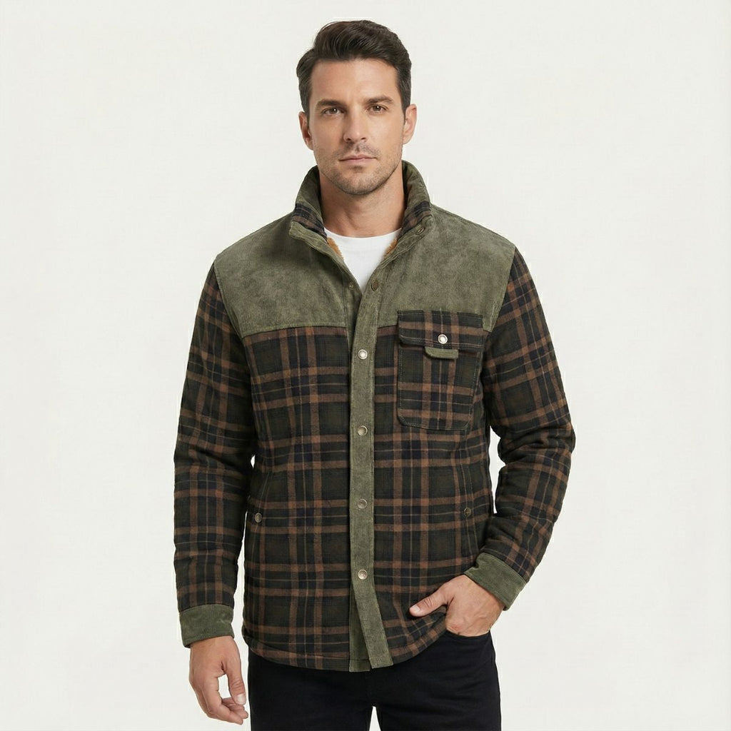 Men's warm plaid check jacket in olive gray with chest pocket and brown sherpa lining
