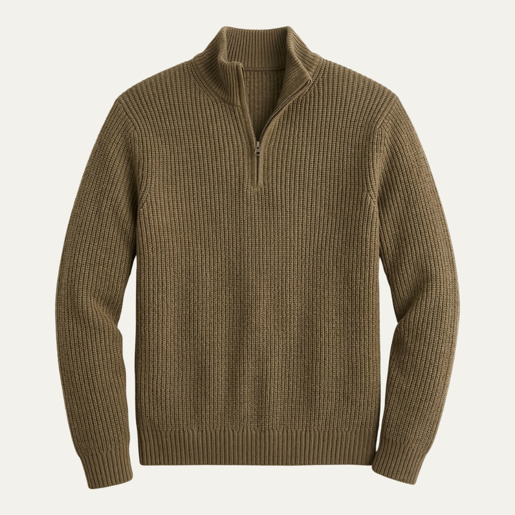 Men’s merino wool half-zip knit sweater, brown with ribbed quarter-zip and rolled collar