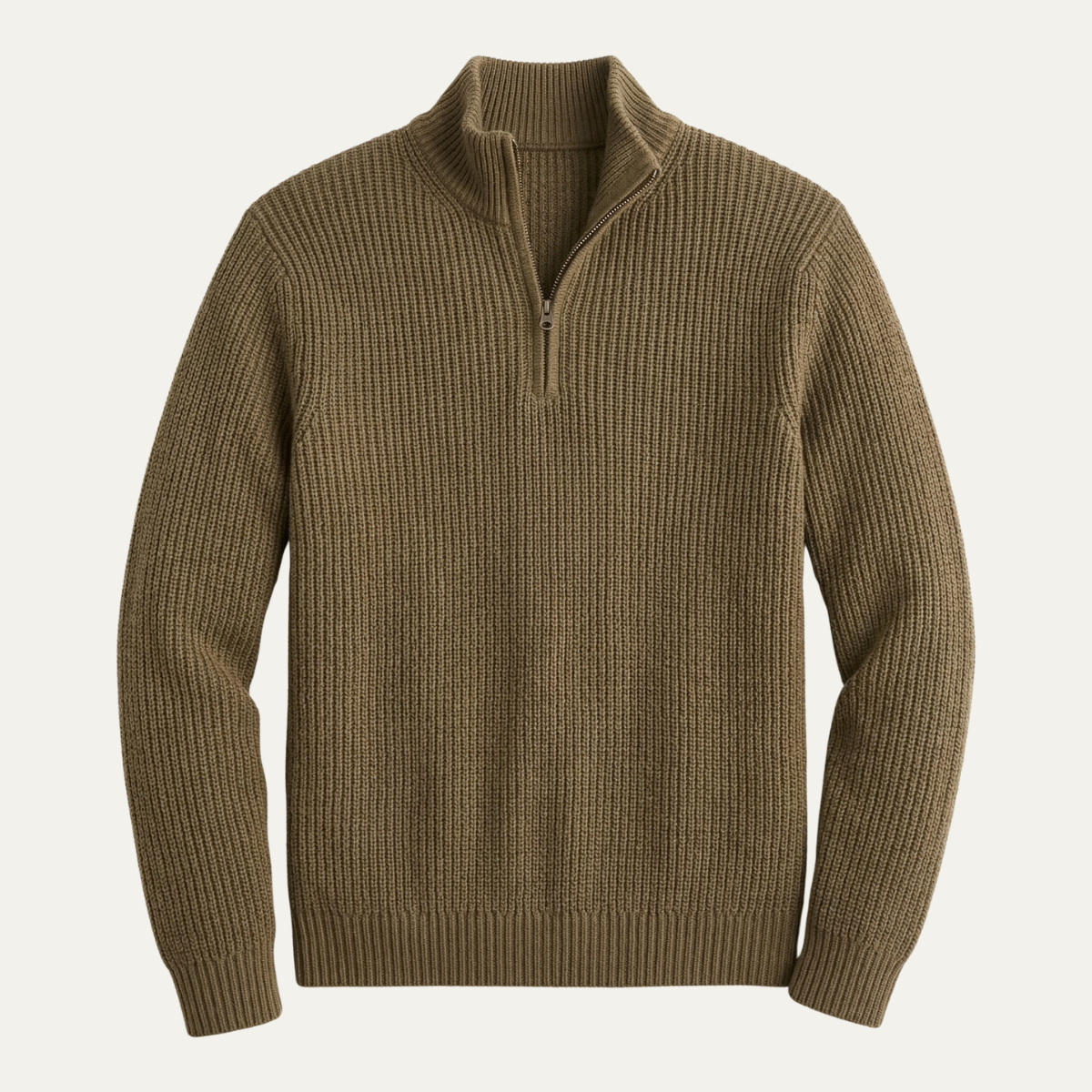 Men’s merino wool half-zip knit sweater, brown with ribbed quarter-zip and rolled collar