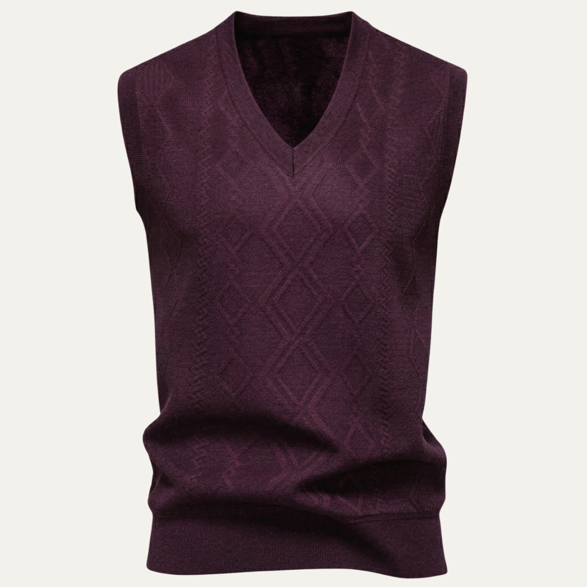 Men's burgundy v-neck cable knit sweater vest with diamond textured knit.