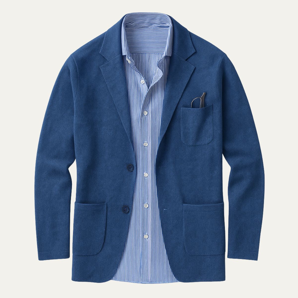 Blue cotton summer blazer with notch lapels, two front pockets, and chest pocket; striped shirt