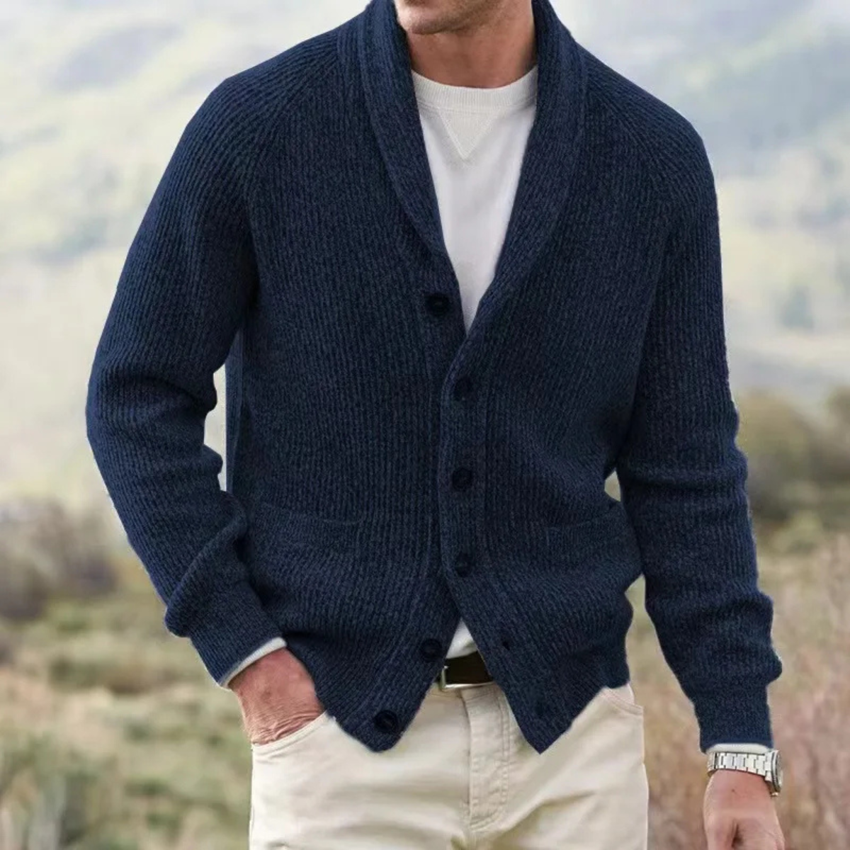 Men's warm knitted cardigan, navy blue, turn-down collar, long sleeves, patch pockets