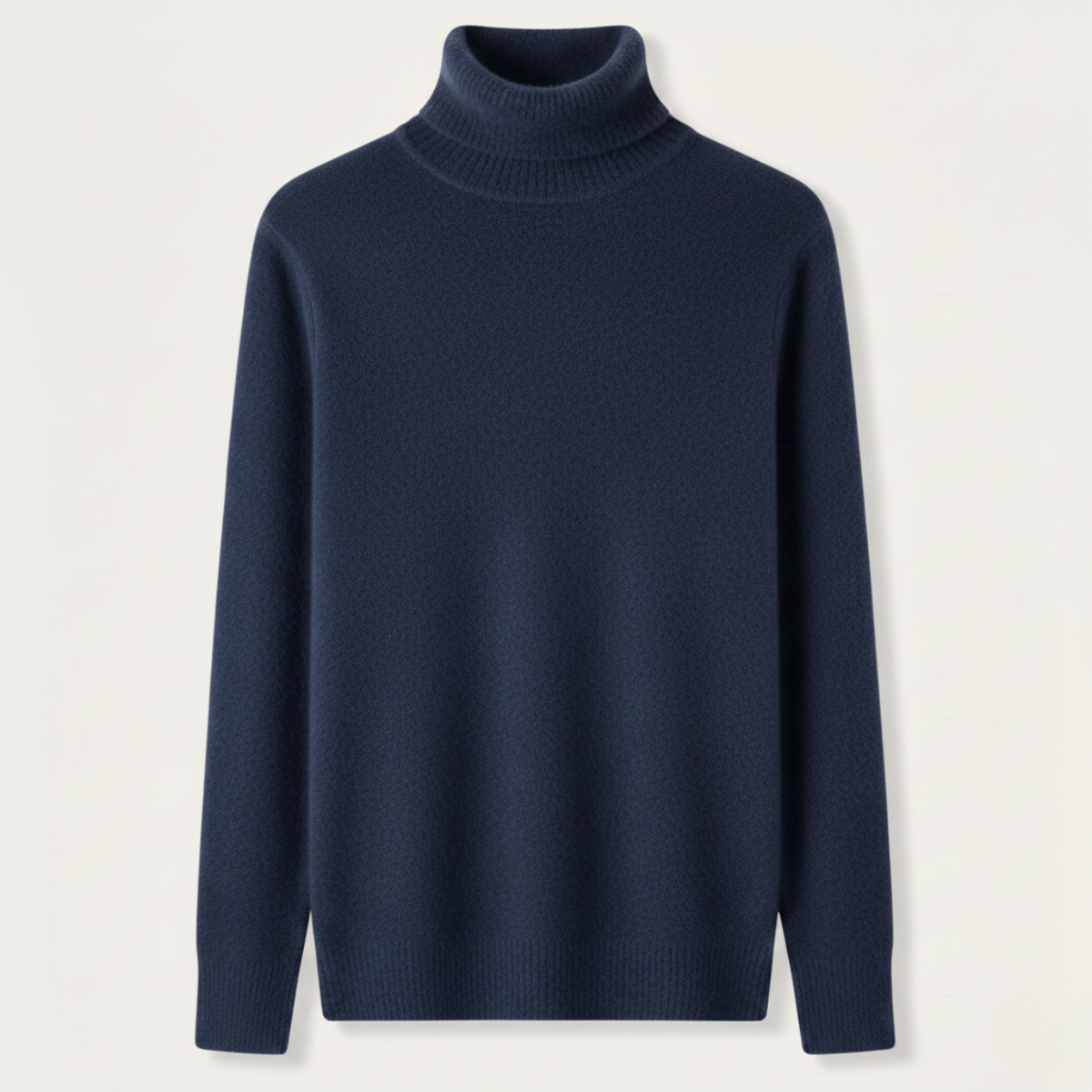Men's navy blue turtleneck sweater, ribbed collar and cuffs, long sleeves