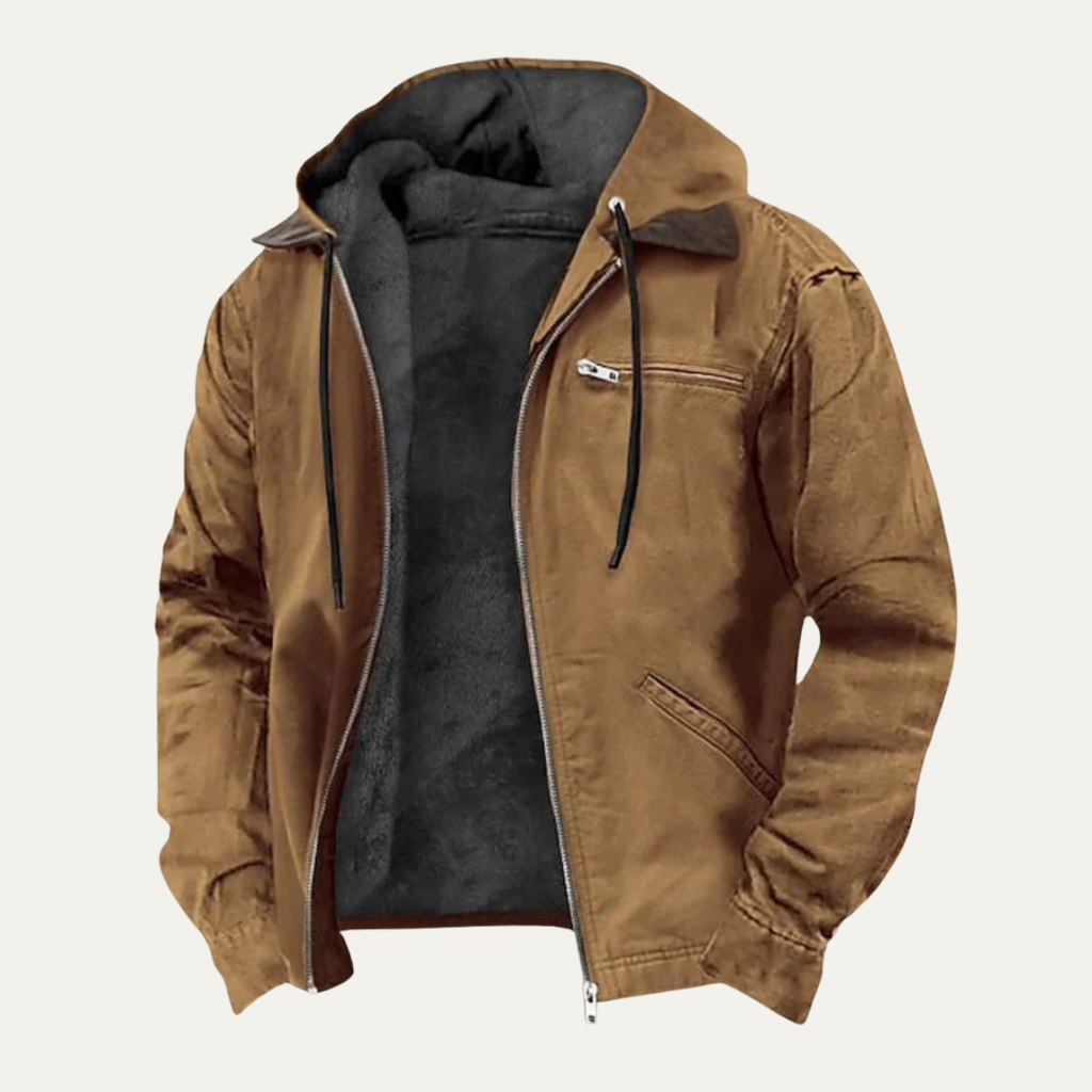 Men’s hooded fleece-lined winter jacket, brown outer with dark gray lining, zip and pockets.