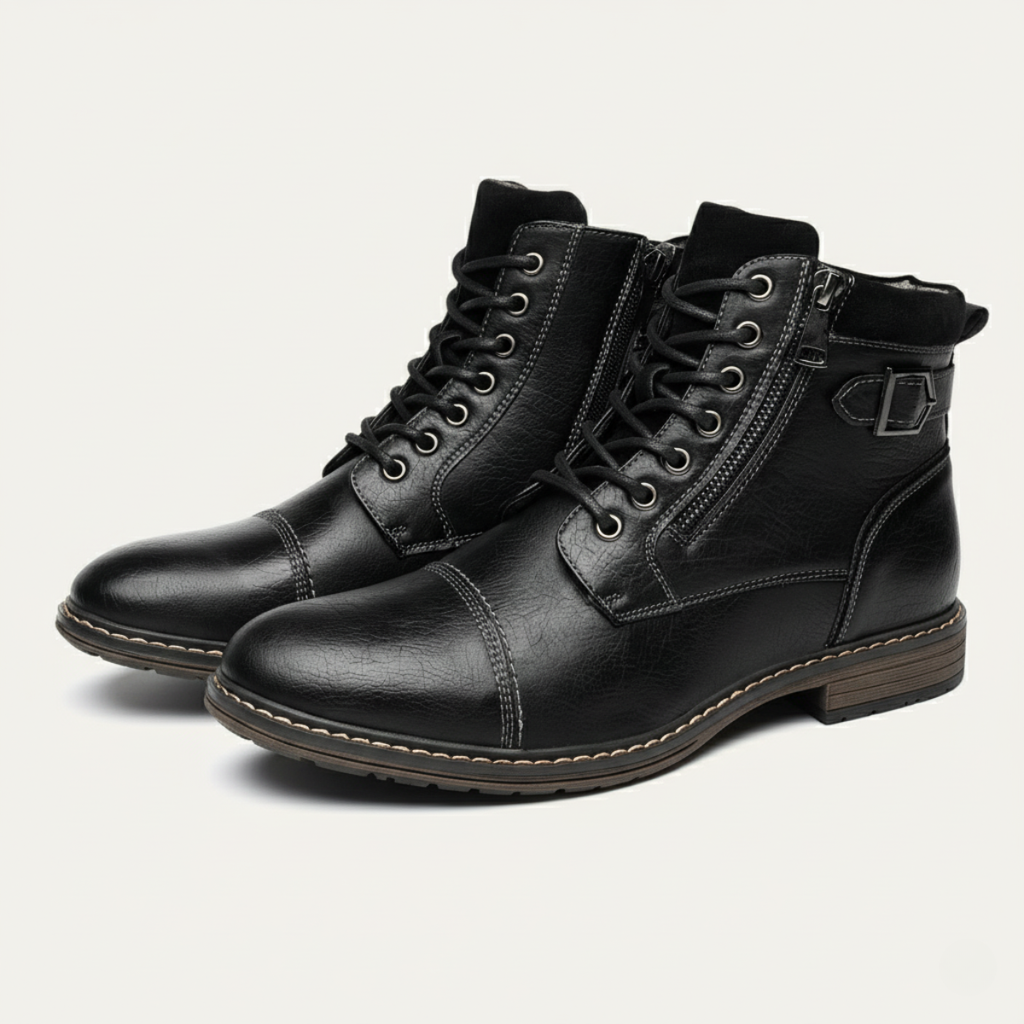 Black ankle boots with lace-up, side zip, and buckle accent at collar.