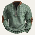 Green patterned half-zip sweater with elbow patches