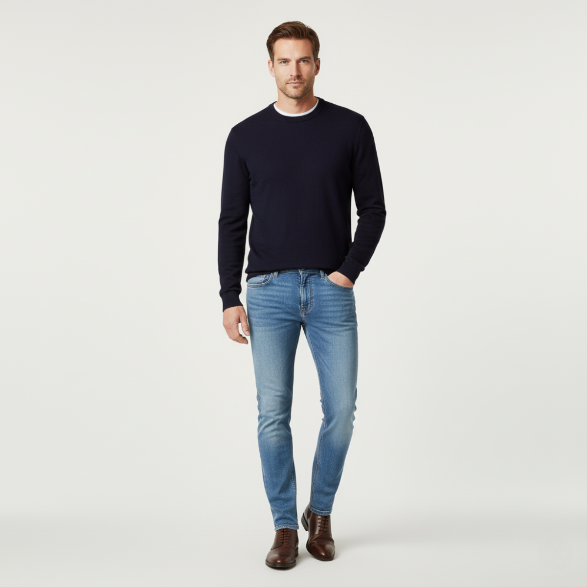 Men's slim-fit skinny jeans, medium blue denim on-model