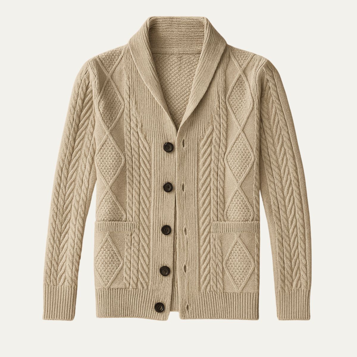 Men's beige cashmere cardigan with shawl collar, four-button front, textured cable pattern