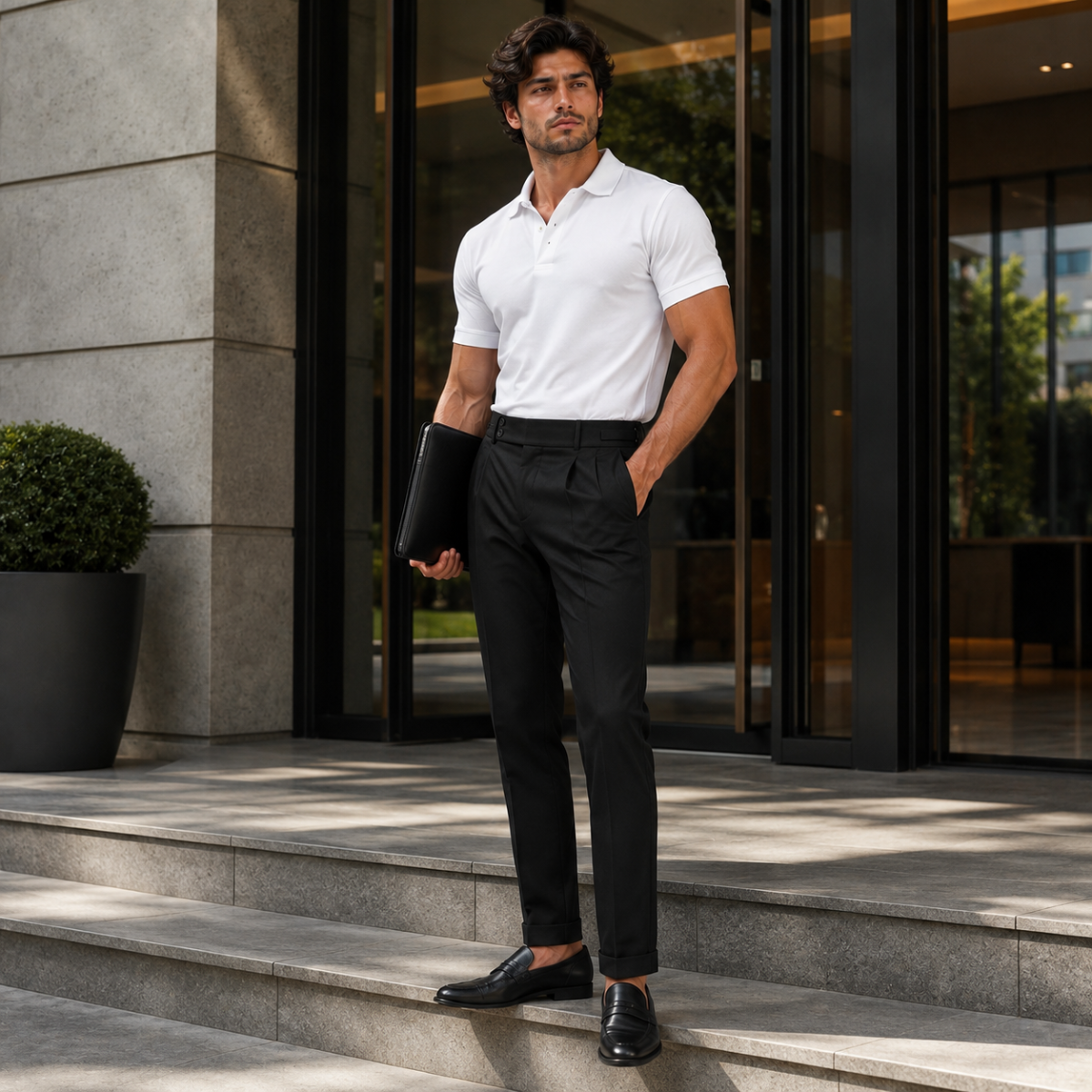 Men’s black slim-fit dress pants with belt loops and tapered fit, styled with loafers