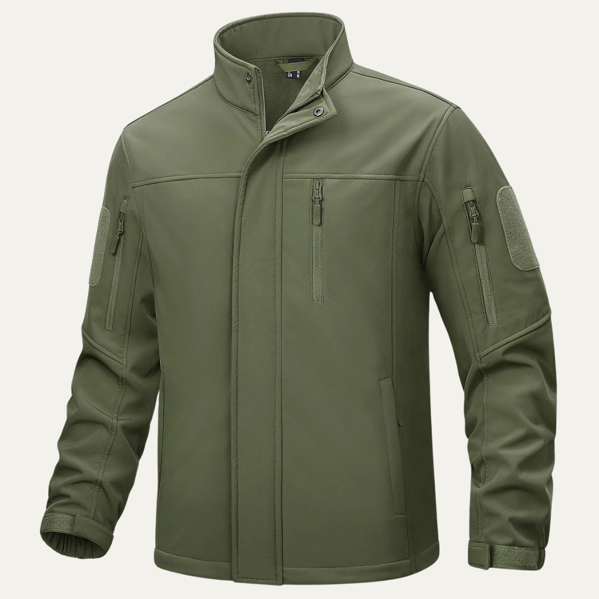 Men's tactical windproof jacket, olive green full-zip with stand collar and sleeve utility pocket
