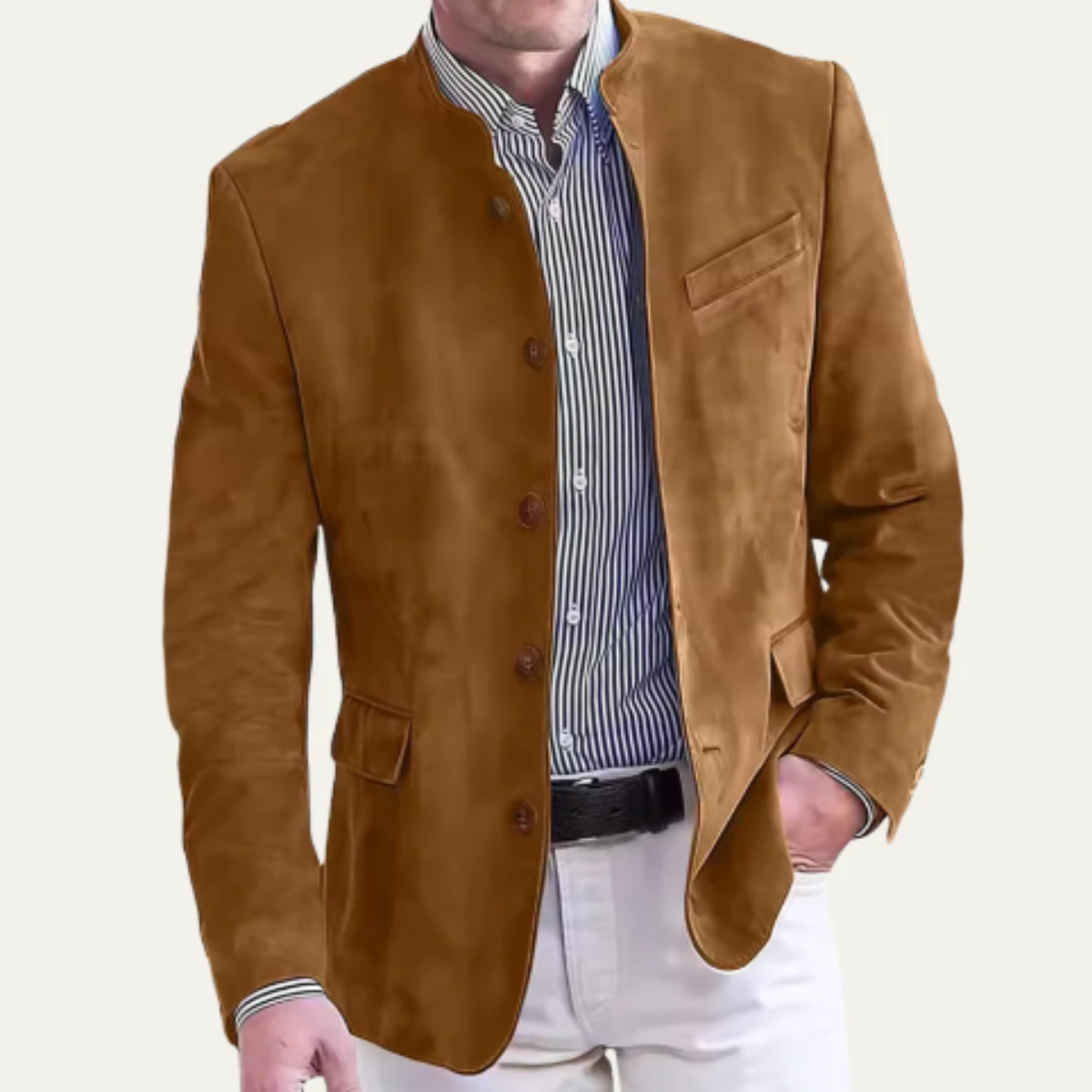 Men's casual blazer, tan suede-like fabric, button front, patch side pockets