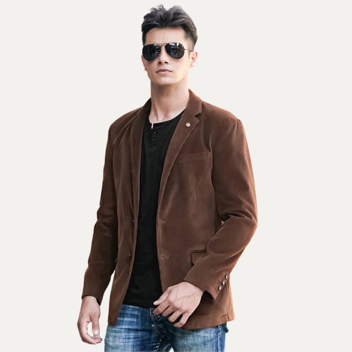 Men’s brown corduroy blazer front view on model, notch lapels and chest pocket