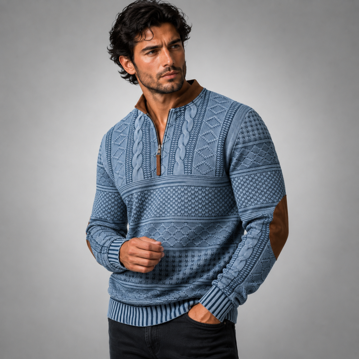 Men's blue patterned half-zip sweater with elbow patches, stand collar and knit stripe pattern