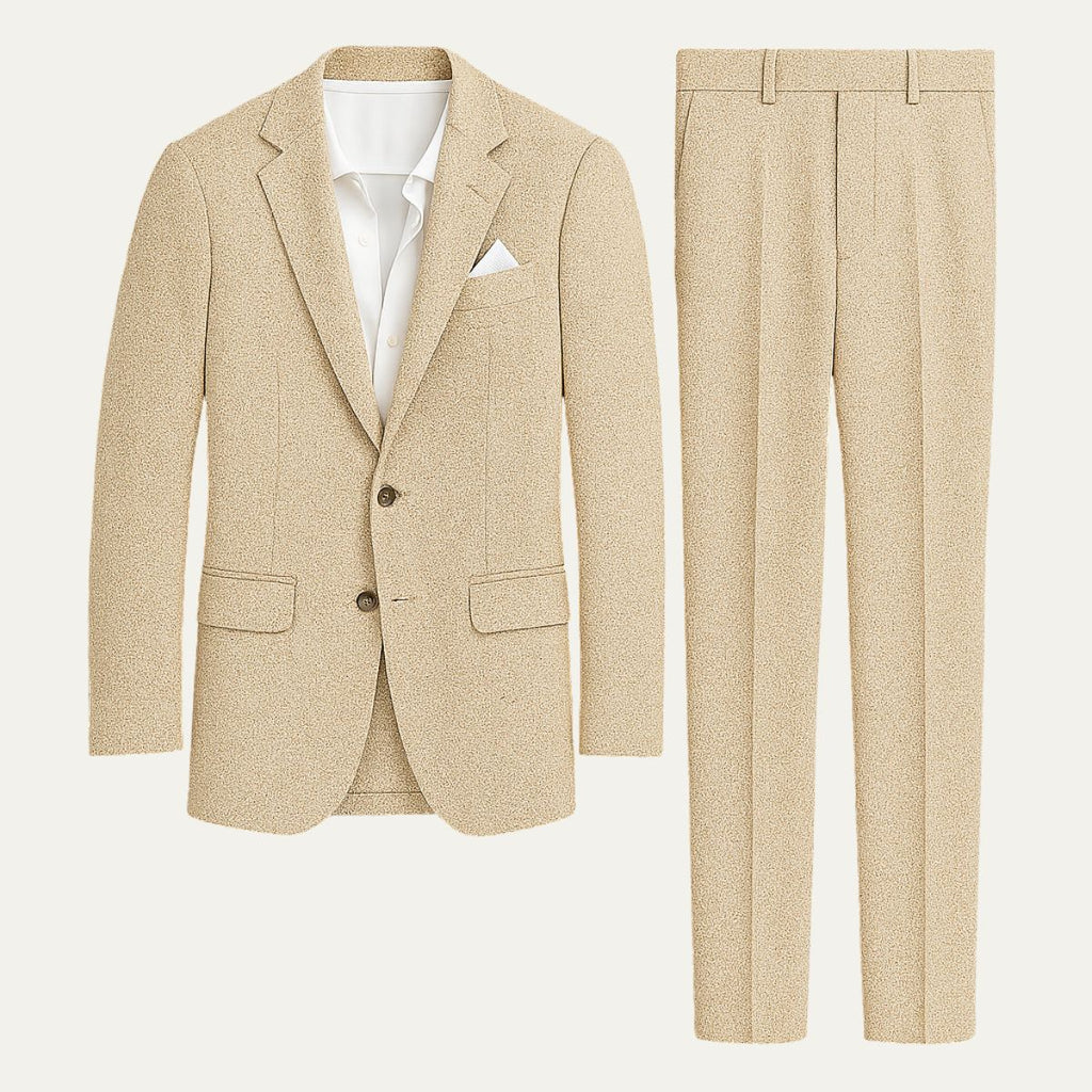 Men's cream linen suit jacket and matching trousers with white dress shirt