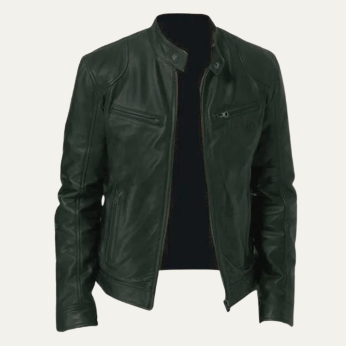 Men's dark green leather zip-up jacket with stand collar and front zip