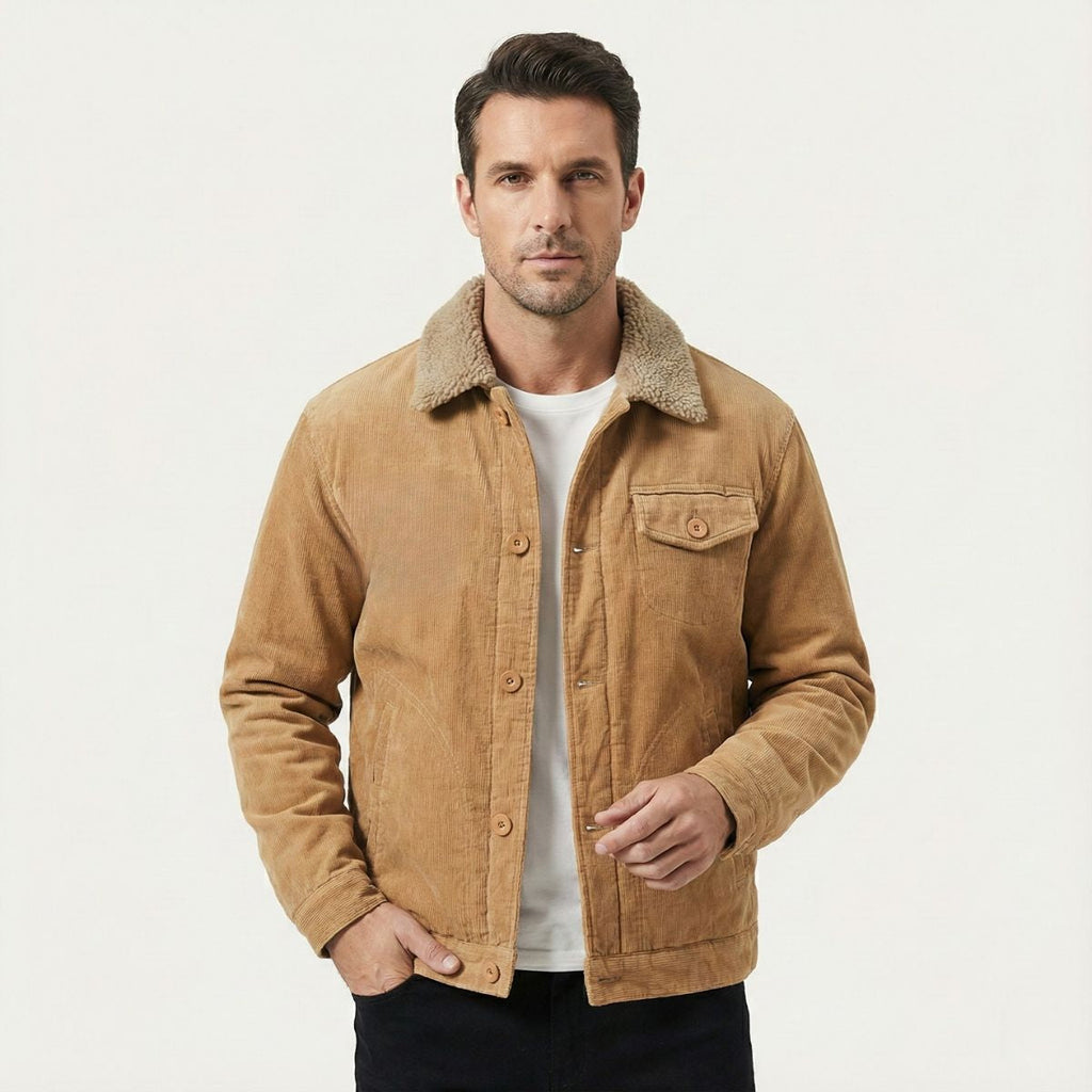 Men's camel/tan corduroy winter jacket with sherpa collar and button chest pocket
