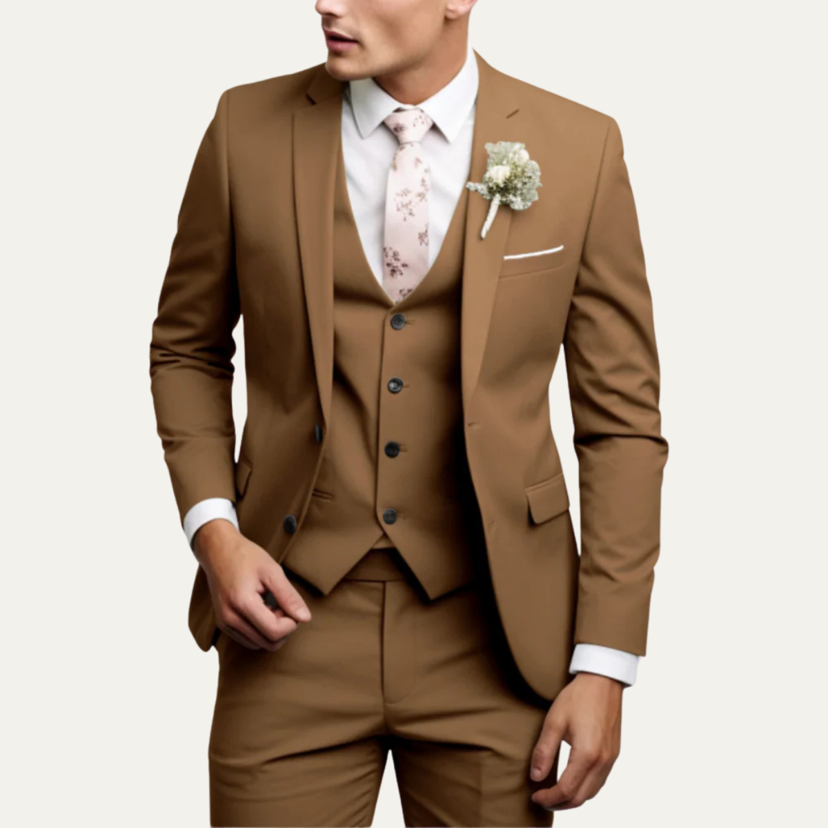 Men's 3-piece slim-fit suit set in brown with jacket, vest, and matching trousers.