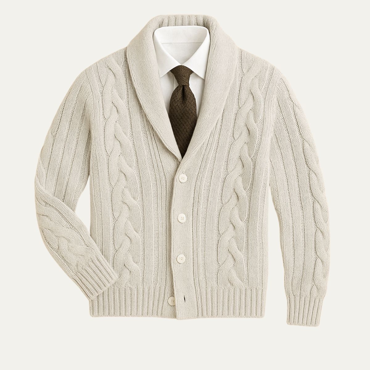 Men’s white knitted cardigan laid flat with cable knit pattern, button-front and shawl collar