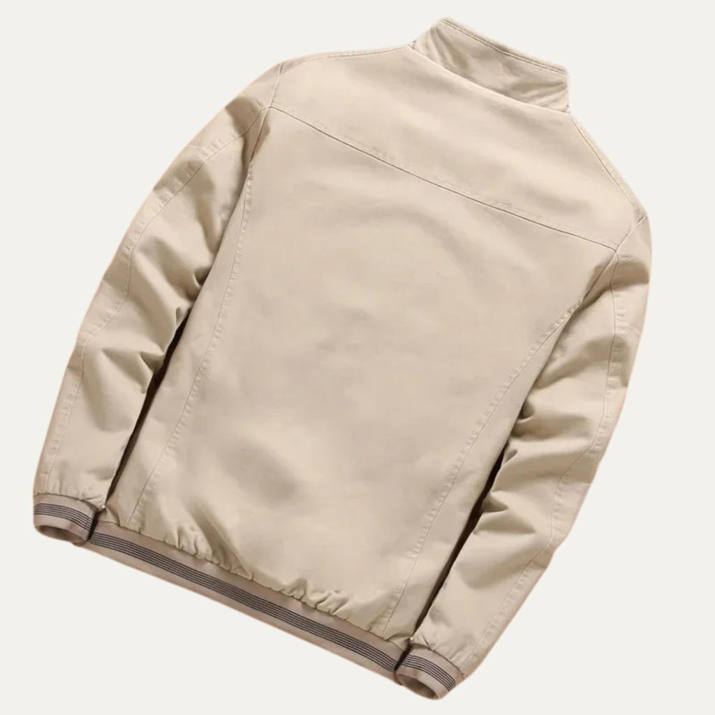 Cream sherpa-lined bomber jacket back view with ribbed hem and cuffs