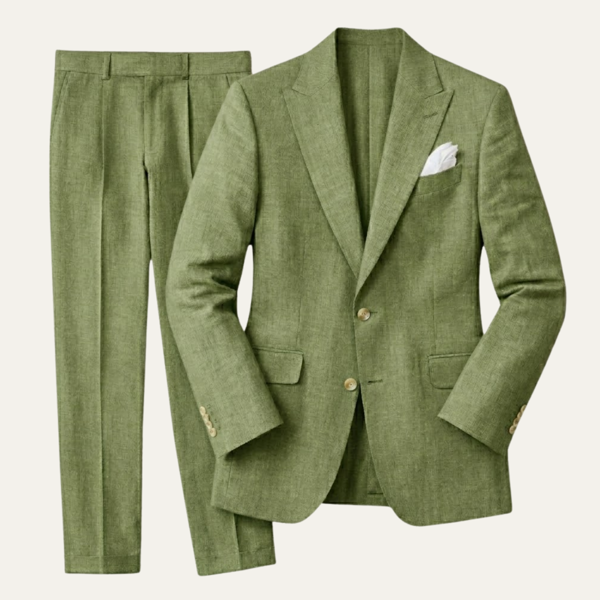 Green linen slim-fit suit blazer and flat-front pants with white pocket square