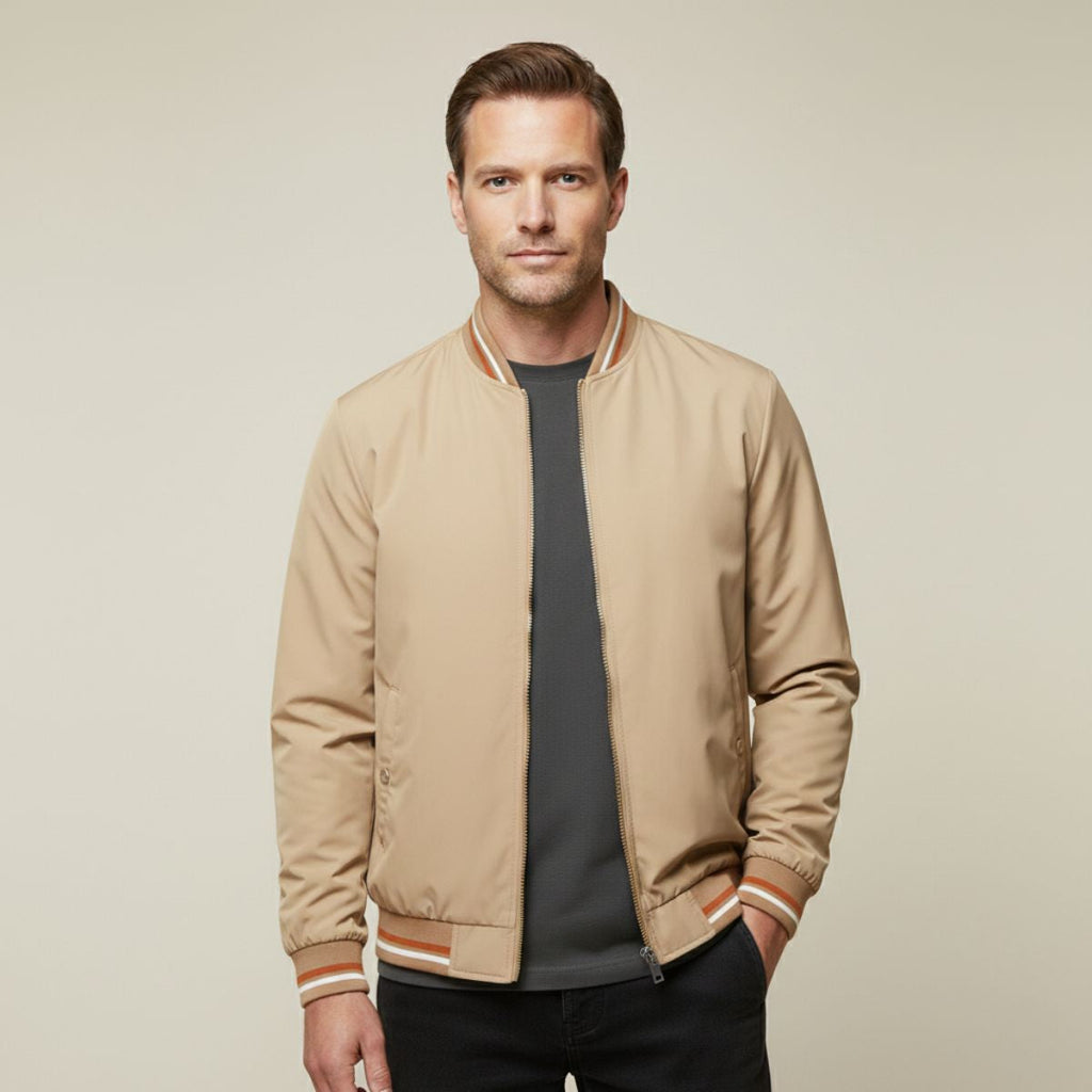 Men's lightweight bomber jacket, tan zip-front with ribbed collar and striped cuff detail