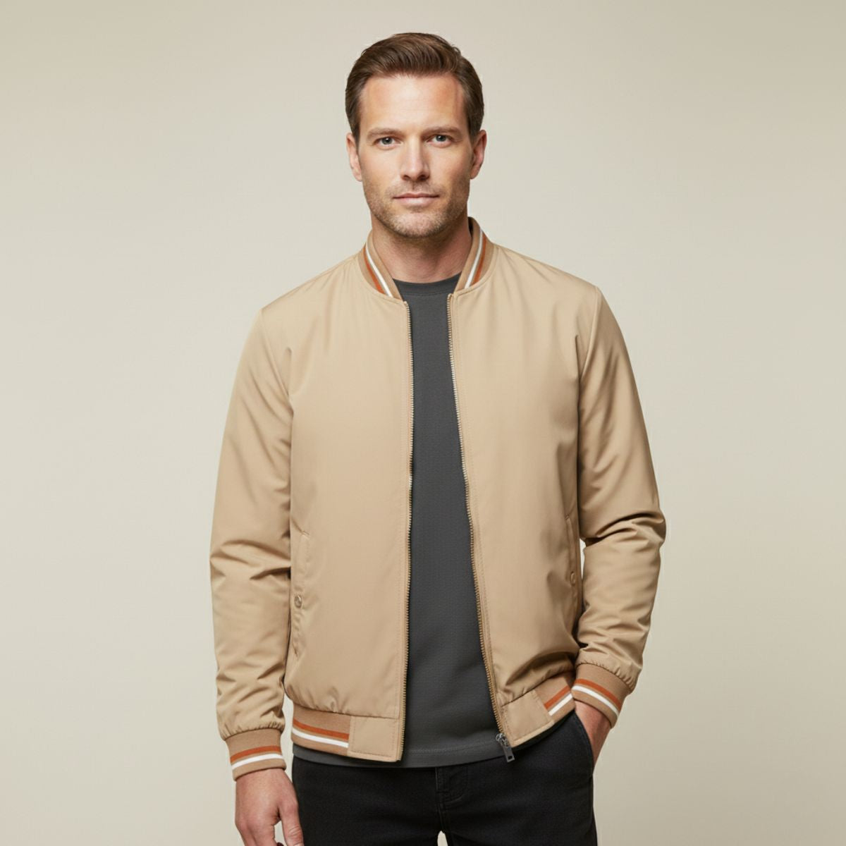 Men's lightweight bomber jacket, tan zip-front with ribbed collar and striped cuff detail