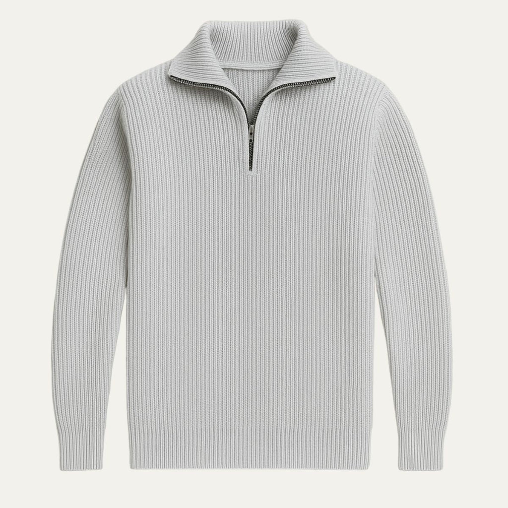 Light gray merino knit quarter-zip sweater with ribbed collar and cuffs