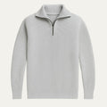 Light gray merino knit quarter-zip sweater with ribbed collar and cuffs