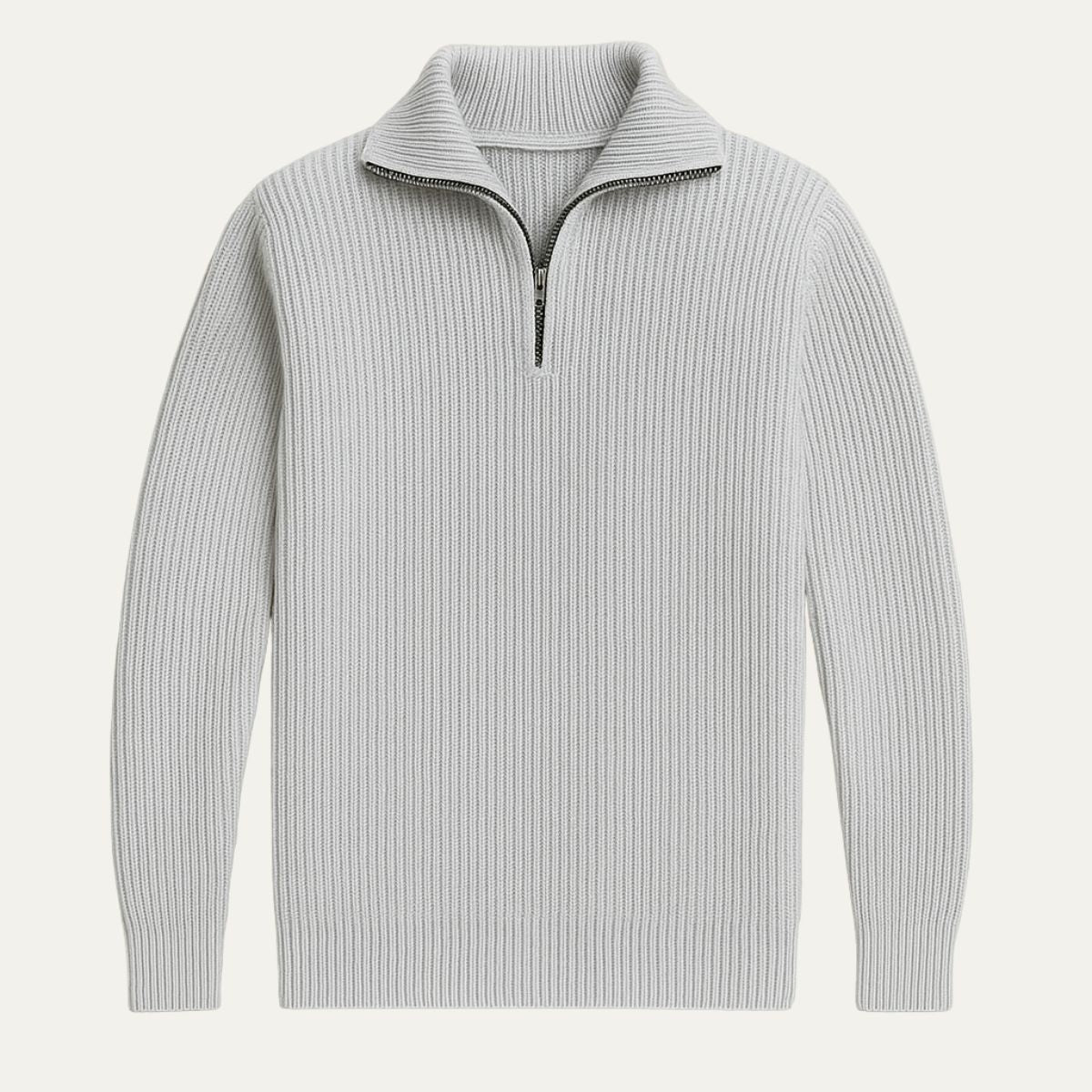 Light gray merino knit quarter-zip sweater with ribbed collar and cuffs