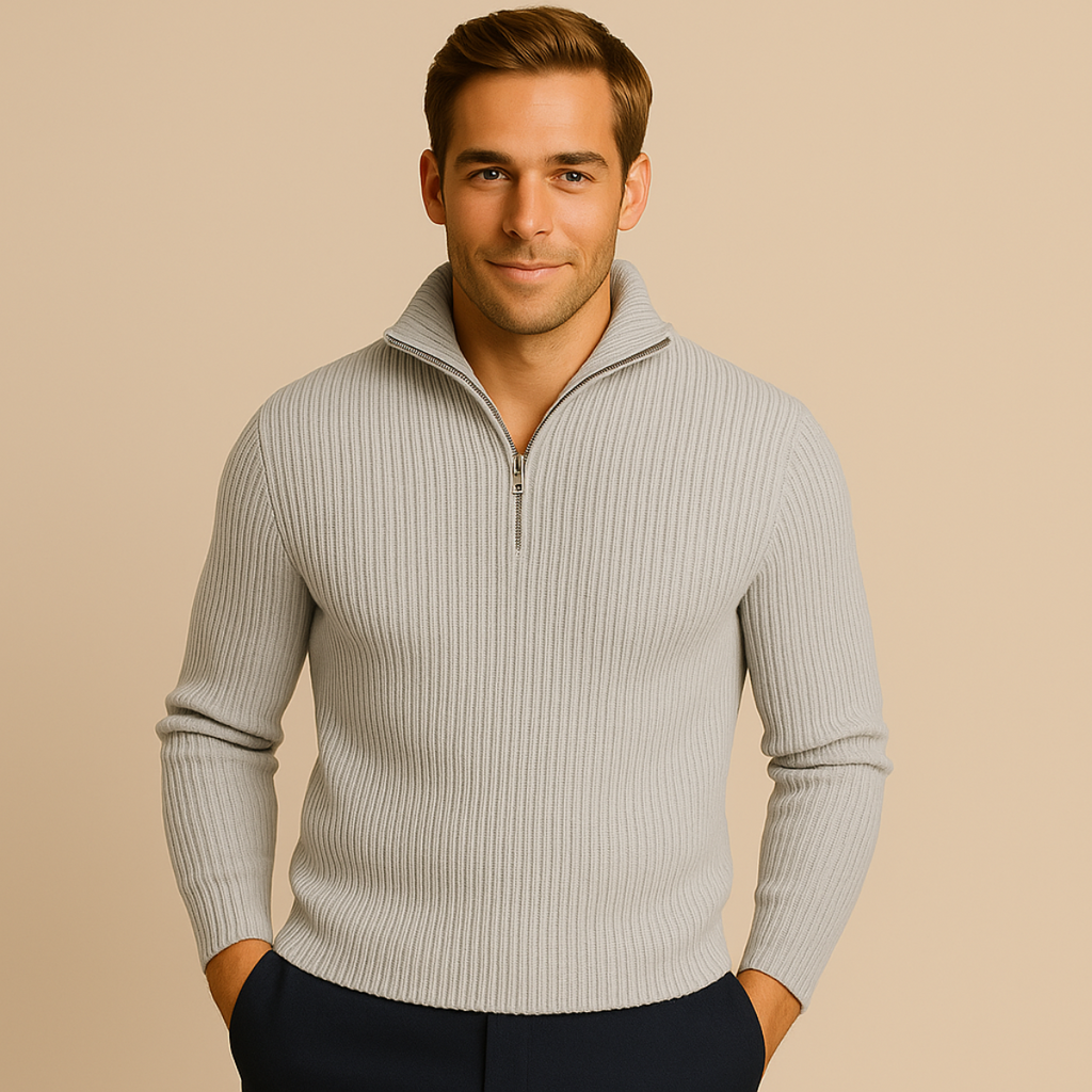 Light gray merino quarter-zip sweater, ribbed knit texture and zip placket