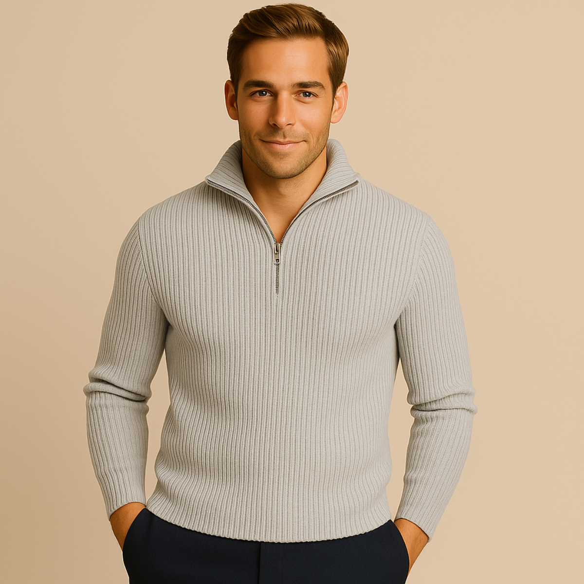 Light gray merino quarter-zip sweater, ribbed knit texture and zip placket
