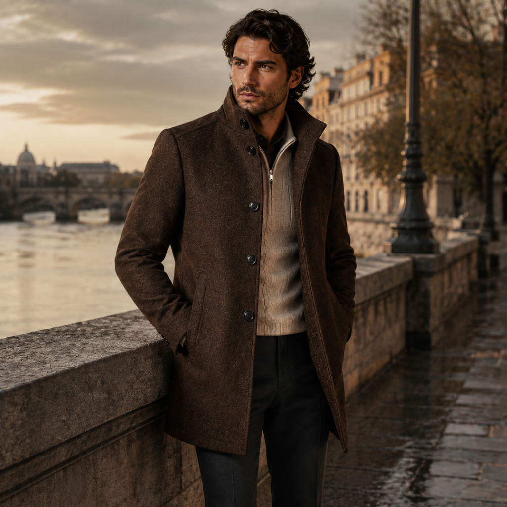 Men's brown wool-blend button-up coat with stand collar and button front