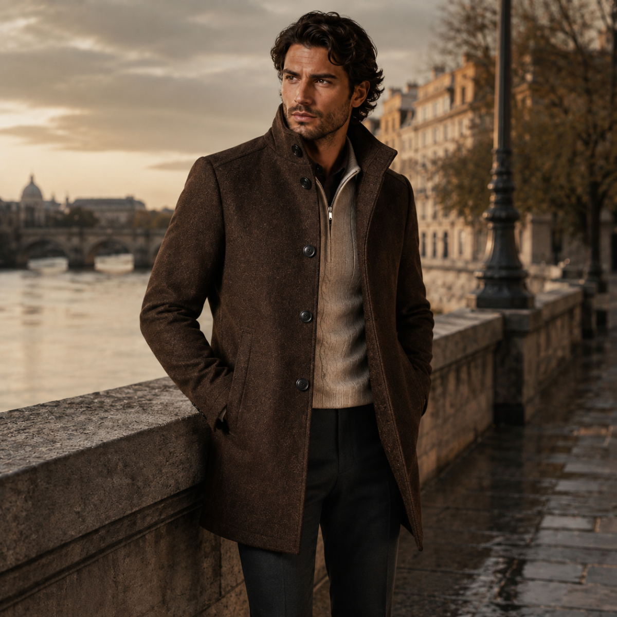 Men's brown wool-blend button-up coat with stand collar and button front