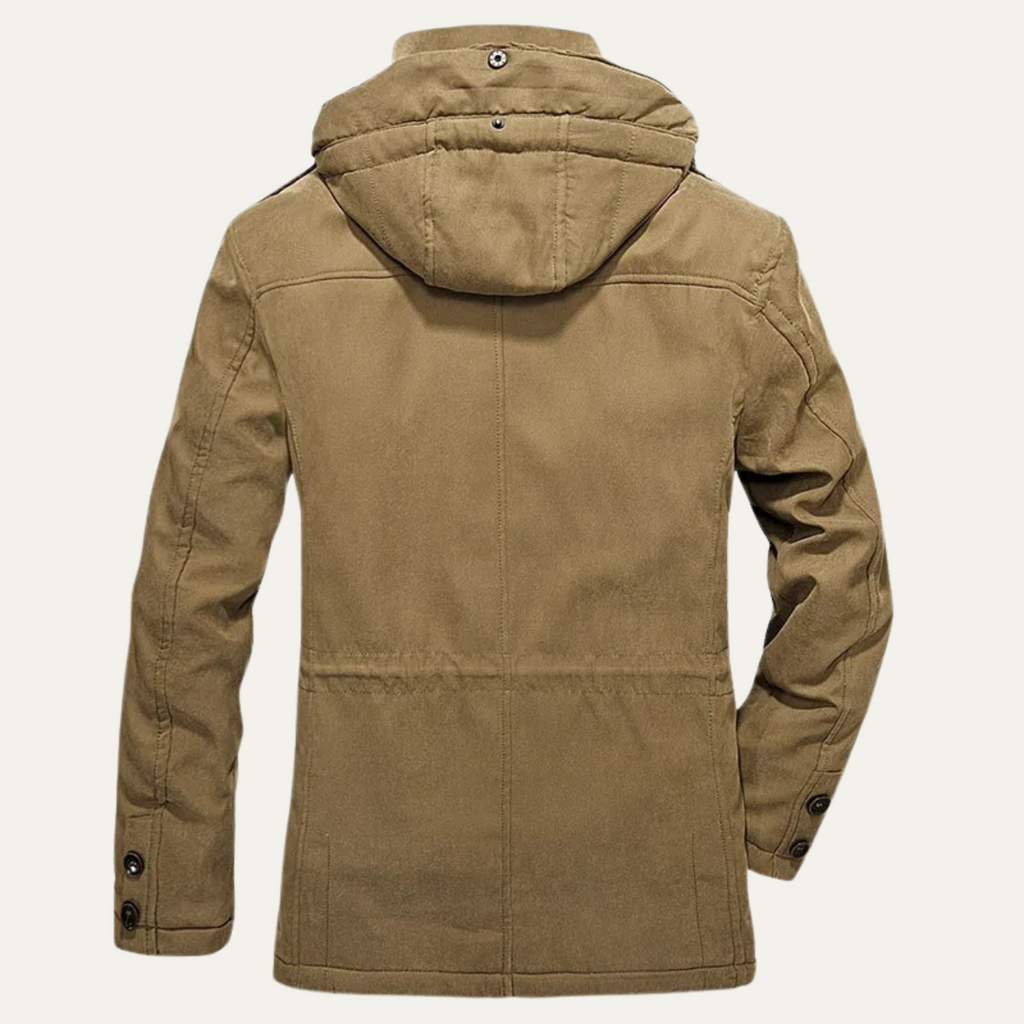Men's insulated hooded parka jacket back view, khaki with hood and buttoned cuffs