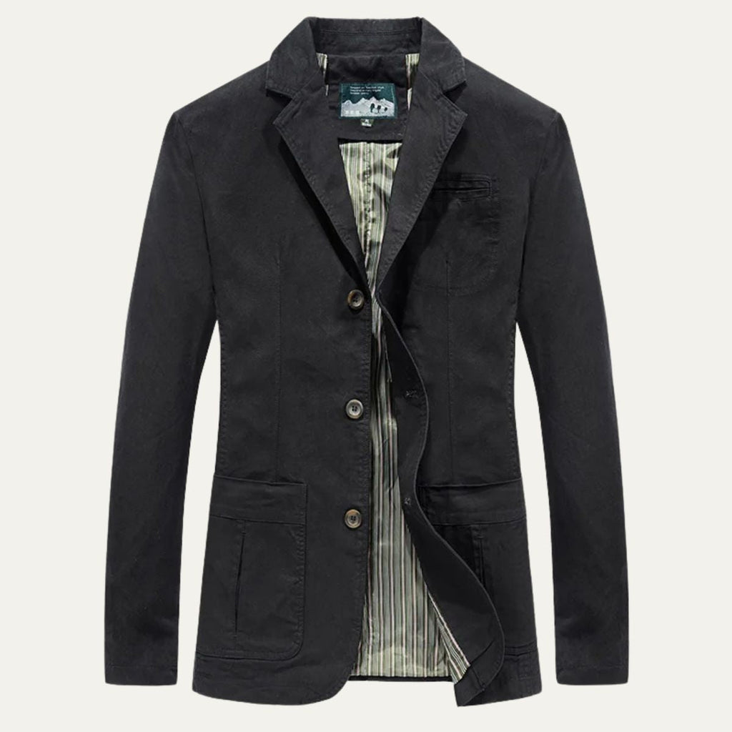 Men's lightweight jacket in black with notch lapels, button front, and chest pockets