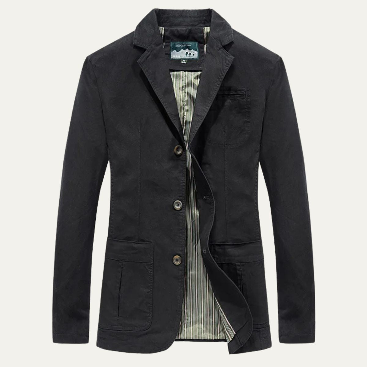Men's lightweight jacket in black with notch lapels, button front, and chest pockets