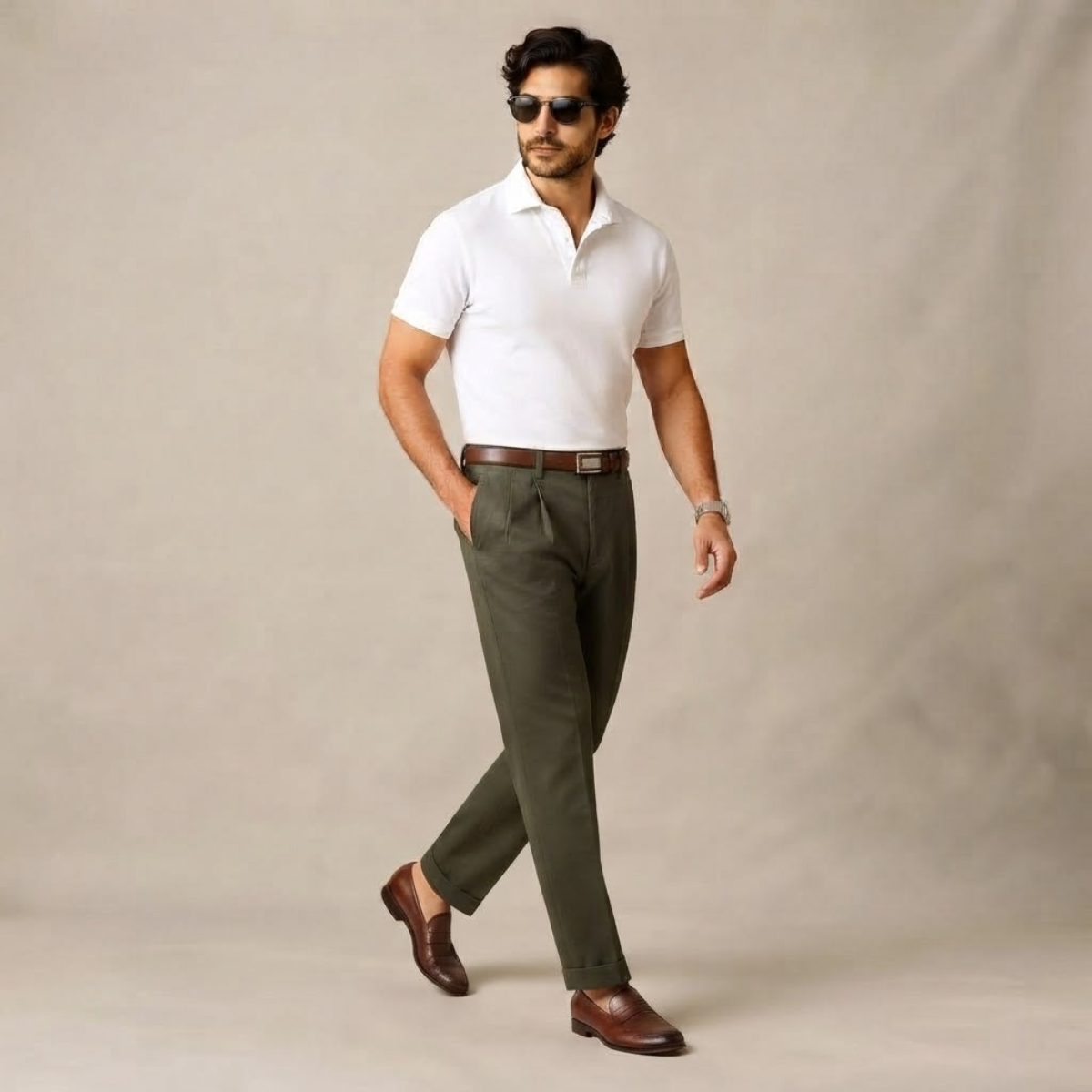 Men's double-pleated high-waist straight-leg pants in dark khaki on model