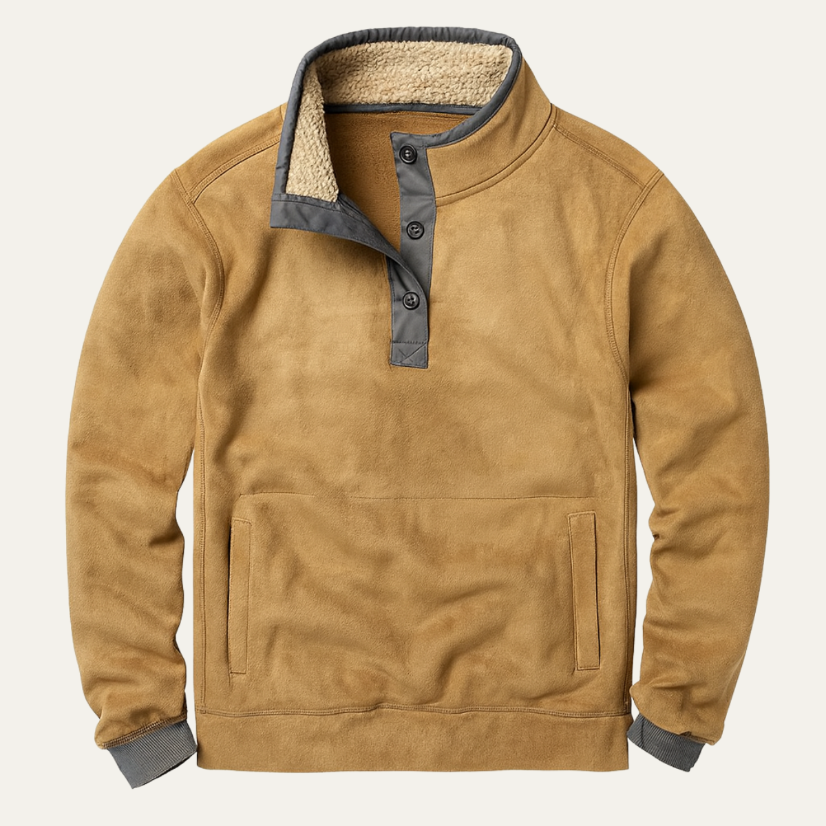 Men's stand-collar outdoor sweater, tan half-button pullover with sherpa-lined placket and pocket