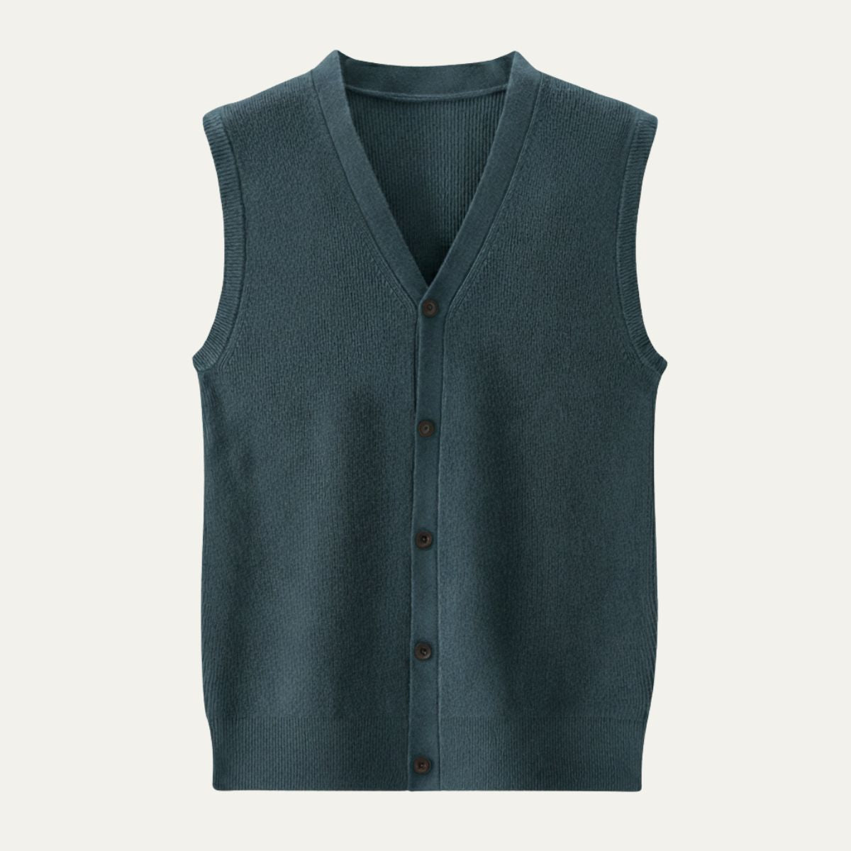 Men’s knit waistcoat sweater vest, deep green V-neck with button front.