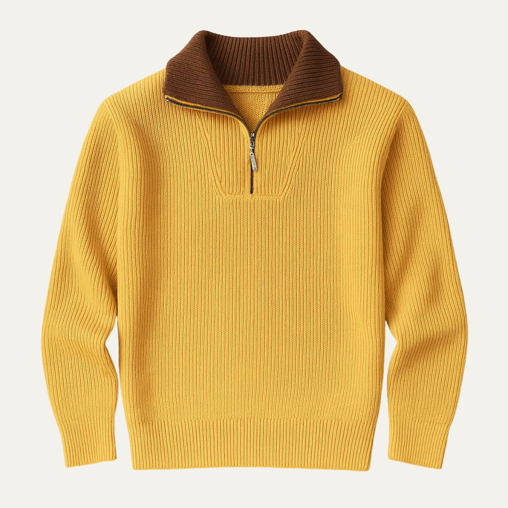 Men's quarter-zip sweater in bright yellow with brown ribbed stand collar
